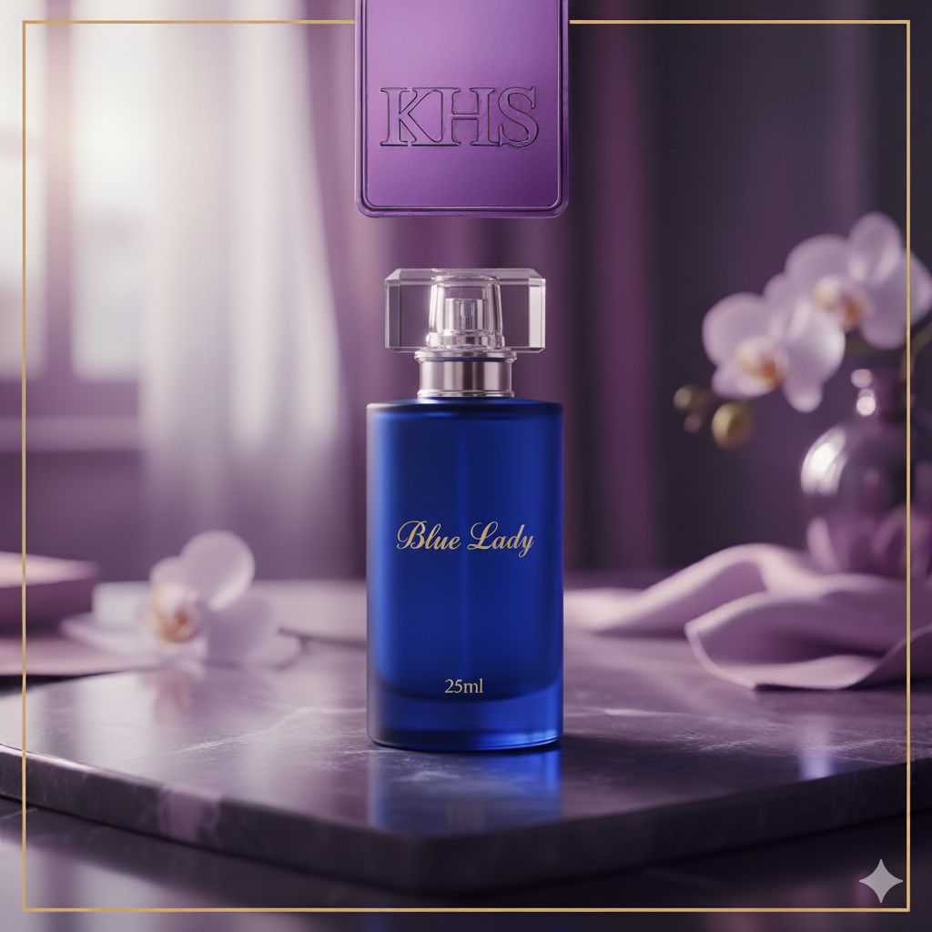Blue perfume bottle labeled 'Blue Lady' with a purple box in the background