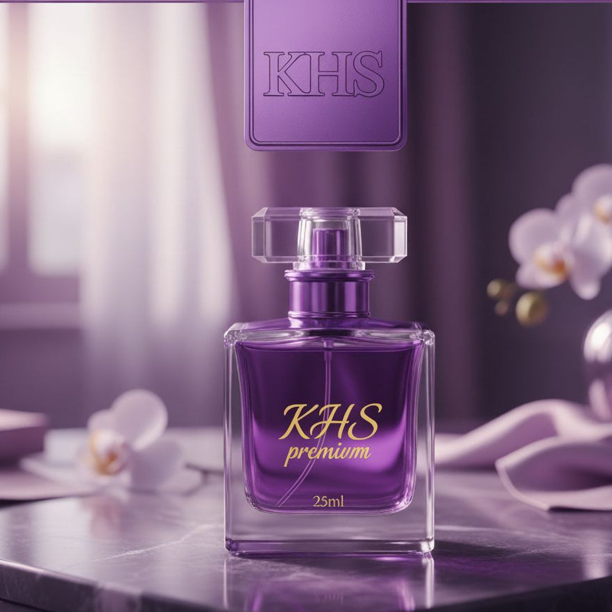 Purple KHS premium perfume bottle on a reflective surface with blurred background