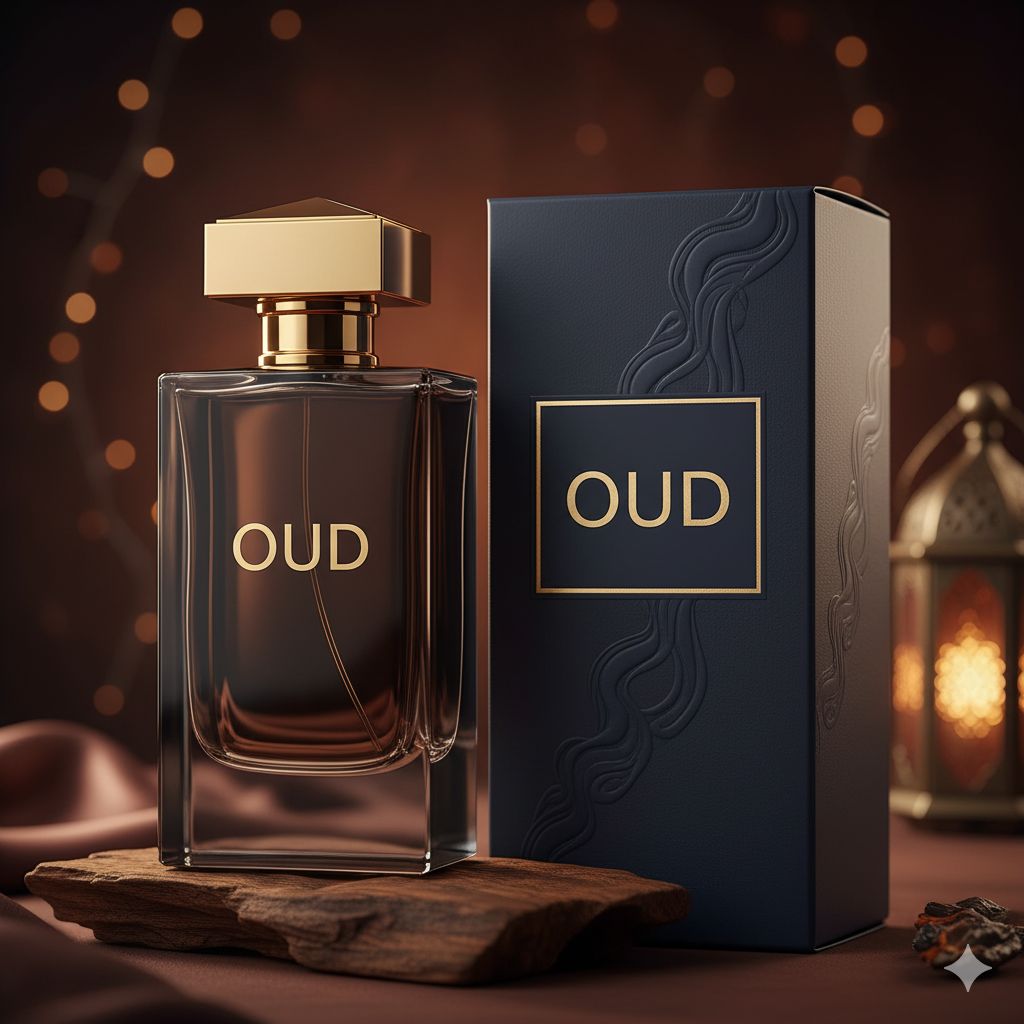 Oud perfume bottle and packaging on a wooden surface with a warm background